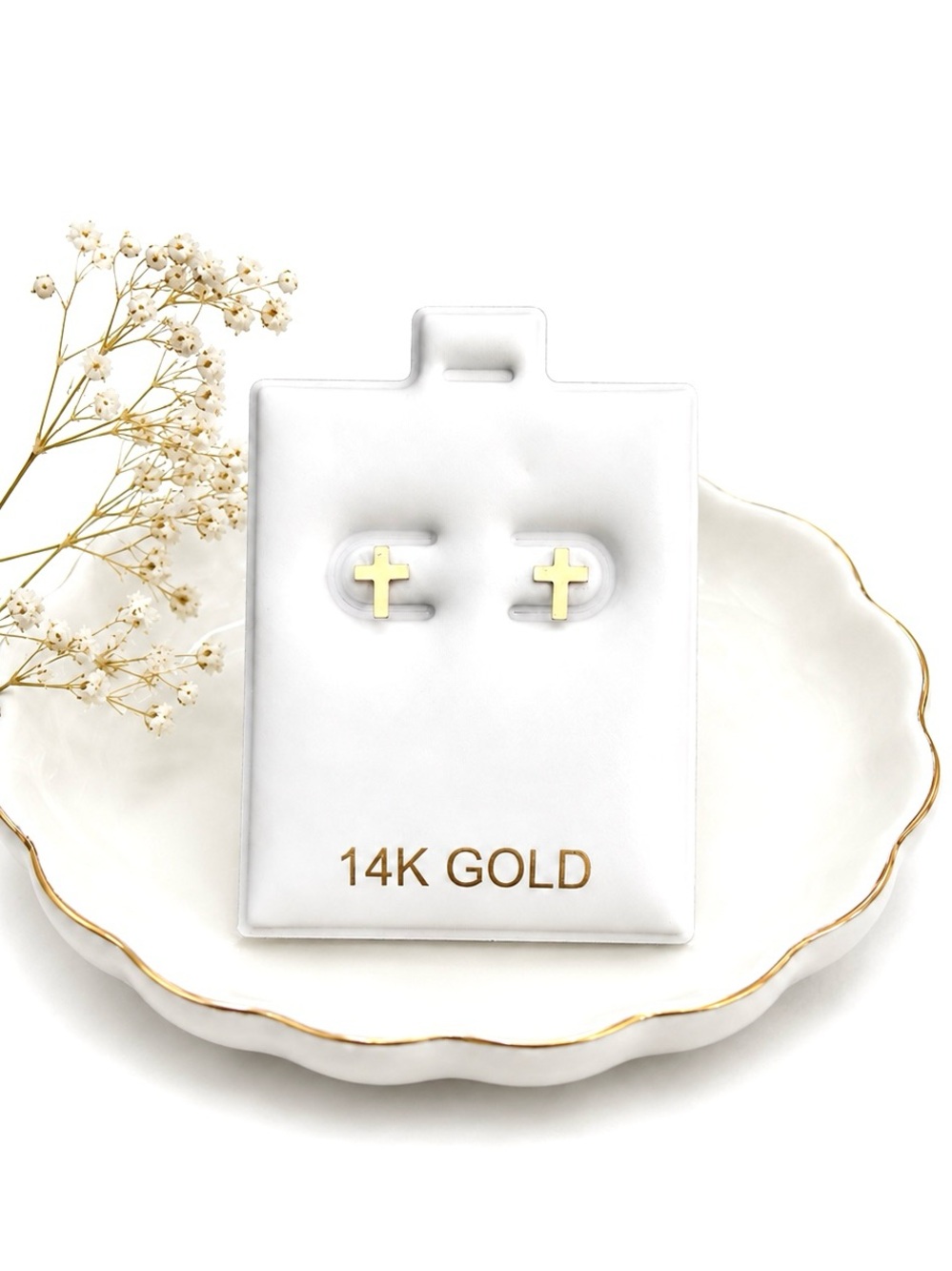 14K Yellow Gold Cross Stud Earrings